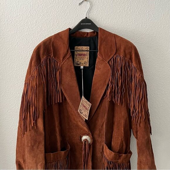NWT VTG Leather Frontier Collection Western Boho Fringe Concho Brown 80’s Coat L - Picture 5 of 16